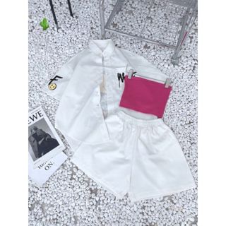 SET ĐỒ NỮ 3 MÓN ÁO SƠ MI QUẦN SHORT ÁO THUN NỮ VẢI KATE - AUSA HOUSE