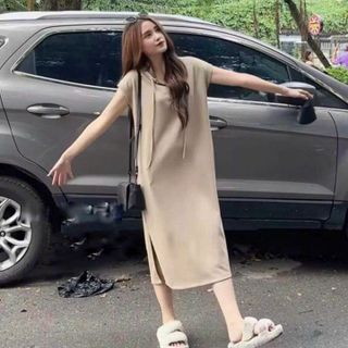 ĐẦM NỮ SUÔNG NỈ TĂM LEN TAY NHÍ CÓ MŨ FORM RỘNG - AUSA HOUSE