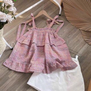 ÁO NỮ 2 DÂY CỘT NƠ BÈO 2 TẦNG CARO HỒNG - AUSA HOUSE