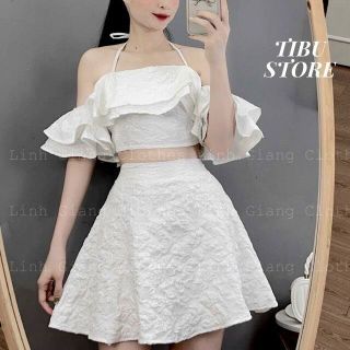 SET ÁO CROPTOP TAY BÈO PHỐI CHÂN VÁY VẢI GẤM - AUSA HOUSE