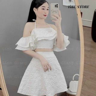 SET ÁO CROPTOP TAY BÈO PHỐI CHÂN VÁY VẢI GẤM - AUSA HOUSE