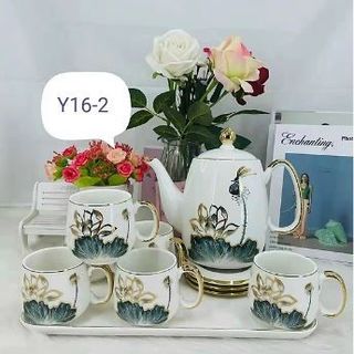 BỘ BÌNH TRÀ KÈM KHAY SỨ SANG TRỌNG TRẮNG HOA SEN