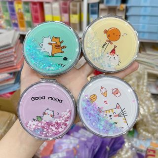 Gương soi cầm tay nhũ kim tuyến tròn vuông