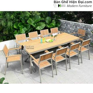 Bộ bàn tiệc ngoài trời Bộ bàn ăn outdoor 10 ghế mặt gỗ nhựa khung nhôm cao cấp HCM TE2035-220A CC2029-A giá sỉ
