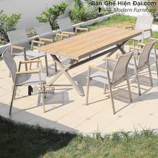 Bộ cafe nhà hàng ngoài trời sân vườn mặt gỗ nhựa 8 ghế tựa lưng lưới khung nhôm nhập khẩu HCM TE2035-180A CC2027A giá sỉ