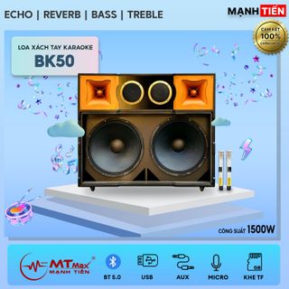 Loa Kéo Di Động MTMAX BK50 - Loa Karaoke Công Suất 1500W, 3 Đường Tiếng, Bass Đôi 50cm