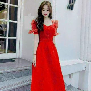 Đầm xoè cổ vuông nơ hàng thiết kế sang trọng thiết kế