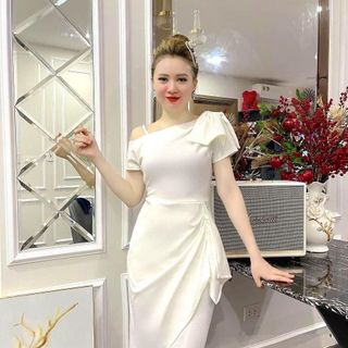 Đầm lệch vai nơ cao cấp thiết kế