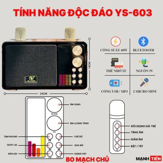 Loa Bluetooth Mini YS-603, Công Suất 40W, Nhỏ Gọn, Âm Thanh Cực Hay, Bass Căng, Đi Kèm 2 Micro Karaoke Thay Đổi Giọng Nói, Bảo Hành 6 Tháng