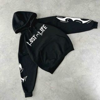 Áo hoodie tay phồng nách rộng in nổi LOST for LIFE nón 2 lớp vải chính from 75kg. Giá sỉ - giá bán buôn