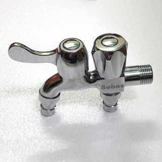 Vòi nước đôi 2 đầu ra bằng đầu thau mạ crom sáng bóng, chống gỉ sét, mã V63