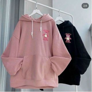 Áo hoodie in gấu dâu LOTSO 2 màu đen, hồng giá sỉ