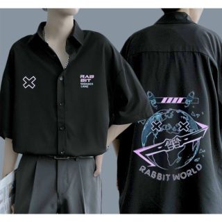 Áo sơ mi na. tay lỡ chất lụa mịn, logo in RABBIT WORD, hàng đẹp