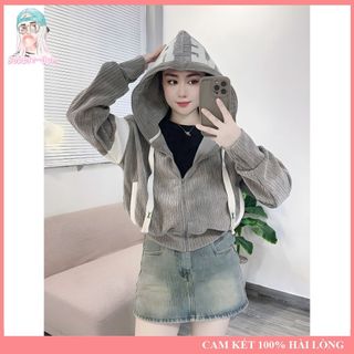 Áo Khoác Nữ Nhung Đôi Thêu Nón AERO Có Xỏ Ngón 4 Túi Freesize Dưới 65Kg BUBBLE GUM