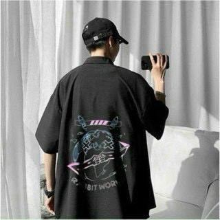 Áo sơ mi nam tay lỡ Chất lụa mịn, logo in RABBIT WORD, hàng đẹp, bán shop