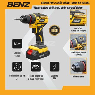 Máy khoan pin BenZ BZ -ID45BL 2 chức năng 10mm, motor không chổi than, chân pin phổ thông giá sỉ