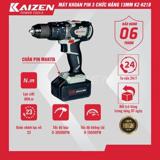 Máy khoan pin 3 chức năng KZ - 621B, đầu 13mm, không chổi than | Dụng cụ điện cầm tay Kaizen giá sỉ