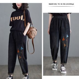 Quần Jean Baggy QCCC Thêu Họa Tiết, Cạp Chun Mềm Mại Form Thụng Khỏe Khoắn GQJ0135