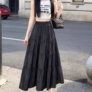 Chân Váy Midi DeNim Trẻ Trung Mềm Mát Cho Mùa Hè, Cạp Chun Co Giãn Thoải Mái GCV0100