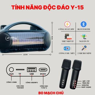 Loa Xách Tay Y15 - Thiết Kế Sang Trọng, Đèn LED 7 Màu Nháy Theo Nhạc, Đi Kèm 2 Micro Không Dây.