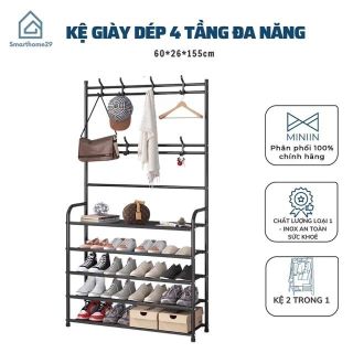 Kệ chữ L 4 tầng. Kệ để giày dép có móc treo quần áo tiện dụng (Màu giao ngẫu nhiên)