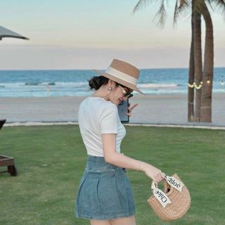 Sét 3 món áo thun gân tăm kèm váy jean,freesize dưới 55kg