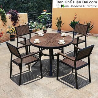 Bộ bàn tròn café sân vườn mặt gỗ nhựa 4 ghế có tay vịn khung nhôm cao cấp HCM TE2041-100A CC2029-A