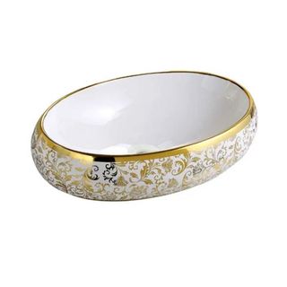 Chậu lavabo mạ vàng với thiết kế màu trắng hoa vàng sang trọng, mã M100L