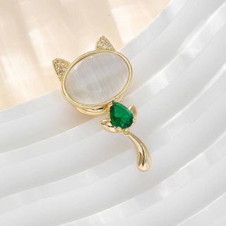 Ghim Cài Áo Hình Mèo Đính Đá Xanh Lá Phong Cách Vintage Thời Trang