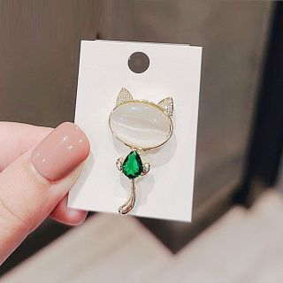 Ghim Cài Áo Hình Mèo Đính Đá Xanh Lá Phong Cách Vintage Thời Trang