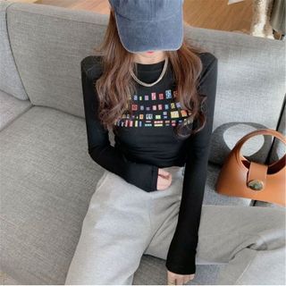 ÁO KIỂU HỌA TIẾT CHỮU MÀU TAY DÀI THUN GÂN TĂM LẠNH - LÊ PHƯƠNG BOUTIQUE
