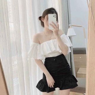 SET ÁO VOAN LỤA BẸT VAI KÈM CHÂN VÁY NHÚN ĐUÔI CÁ - LÊ PHƯƠNG BOUTIQUE