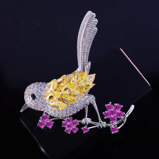 Ghim Cài Áo màu bạc Hình Chim sẻ Đính Đá Zircon Sang Trọng