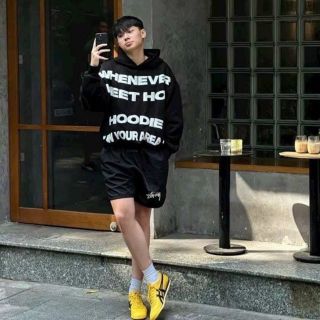 Áo hoodie in nổi WHENEVER nón 2 lớp cùng màu ,tay phòng