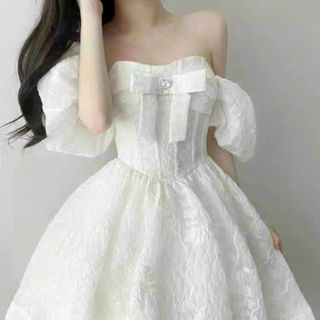Đầm Tiểu Thư Trễ Vai Tay Phồng Phối Nơ Sang Chảnh Cho Nàng- Free Size Dưới 55kg