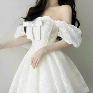 Đầm Tiểu Thư Trễ Vai Tay Phồng Phối Nơ Sang Chảnh Cho Nàng- Free Size Dưới 55kg