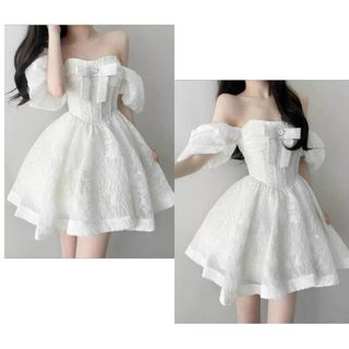 Đầm Tiểu Thư Trễ Vai Tay Phồng Phối Nơ Sang Chảnh Cho Nàng- Free Size Dưới 55kg