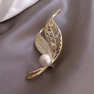 Trâm Cài Áo Hình Lá Đính Đá Zircon & Ngọc Trai Bằng Hợp Kim Cao Cấp