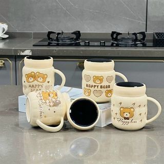 Cốc sứ nắp gương gấu BEAR vỏ nhám 480m