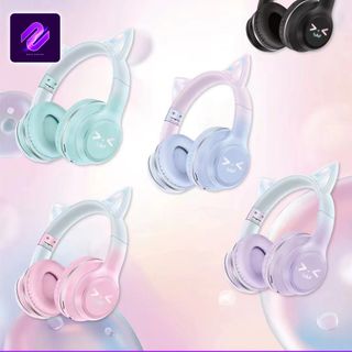 TAI NGHE BLUETOOTH TAI MÈO GJBY CHỤP TAI CUTE KHÔNG DÂY KÈM LED RGB DỄ THƯƠNG Kem