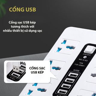 Ổ Cắm Điện Đa Năng Chống Giật Chịu Tải 2500W Gồm 6 Ổ Cắm Tích Hợp 4 Cổng USB Sạc Nhanh Điện Thoại TP Smart