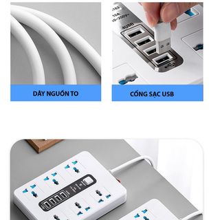 Ổ Cắm Điện Đa Năng Chống Giật Chịu Tải 2500W Gồm 6 Ổ Cắm Tích Hợp 4 Cổng USB Sạc Nhanh Điện Thoại TP Smart