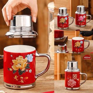 Bình giữ nhiệt dạng phích màu đỏ hoa vừa làm cốc vừa làm phích giữ nhiệt tiện dụng