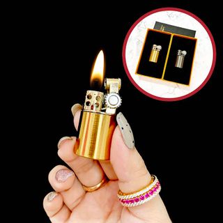 BẬT LỬA XĂNG ĐÁ CỔ HÌNH TRỤ MINI LÙN KIM LOẠI CÓ CHẮN GIÓ FULLBOX - XÀI XĂNG