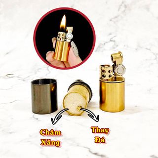 BẬT LỬA XĂNG ĐÁ CỔ HÌNH TRỤ MINI LÙN KIM LOẠI CÓ CHẮN GIÓ FULLBOX - XÀI XĂNG