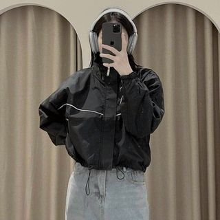 Áo Khoác Dù Nữ_Kiểu Lửng Crottop Chất Dù 2 Lớp Sọc Viền Áo Cổ Cao Kèm Dây Rút Eo Tiện Lợi