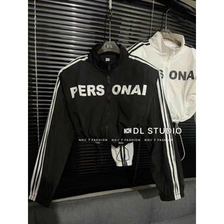 Áo khoác dù Nữ kiểu croptop cổ trụ phối 3 sọc tay phối hình phong cách hàn