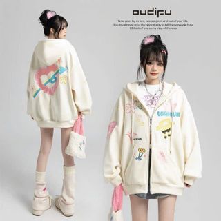 Áo Khoác Hoodie zip Nữ kiểu khóa kéo in toàn thân icon dễ thương chất nỉ phong cách hàn