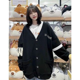 Áo Khoác Nữ Nỉ Cadigan Cổ Tim Cúc Lớn 2 Túi Sỏ in Logoo ODINn CL Chạy Sọc Tay Dễ Thương