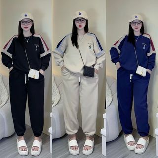 SET BỘ ĐỒ THUN NỈ NỮ CÓ IN HÌNH CHÚ GẤU STEYE PHỐI VIỀN SỌC TAY SIÊU ĐẸP